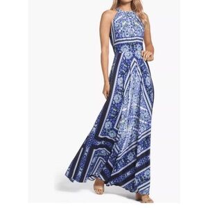 NWT ELIZA J SCARF PRINT MAXI DRESS GOWN HALTER FLORAL BLUE GREEN  SZ 10